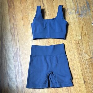 Blue Ribbed Sports Bra and Shorts Set